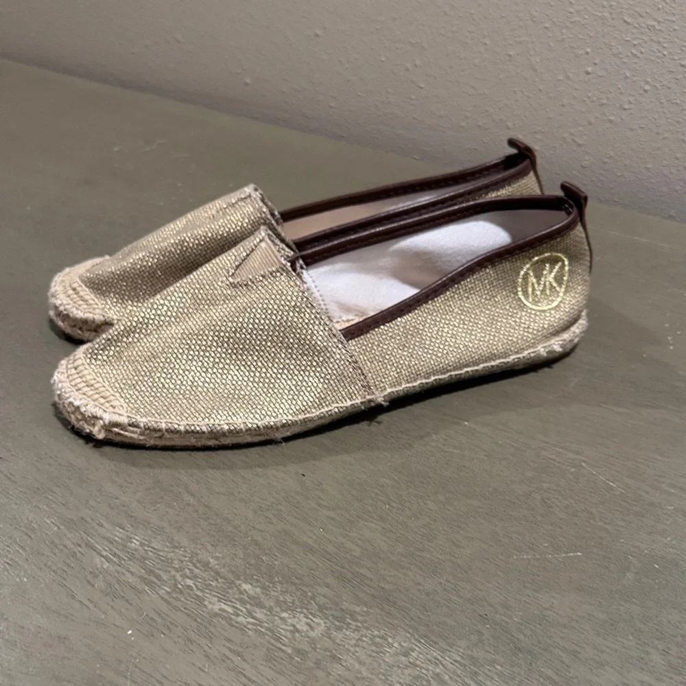 Michael Kors Metallic Gold Slip-On Espadrilles with Brown Trim (see measurements
